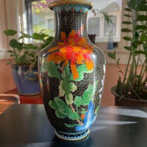 Large Vintage Cloisenne Black with Orange Flower Vase